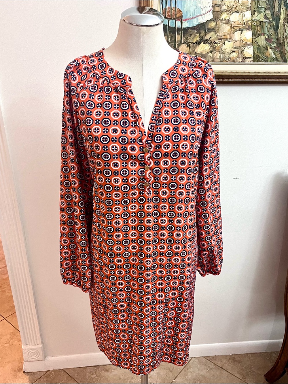 Mud Pie Orange Geometric Long Sleeve Tunic Dress